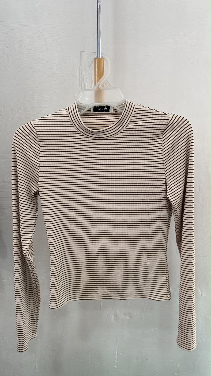 Beige Striped Long-Sleeve Top with Mock Neck