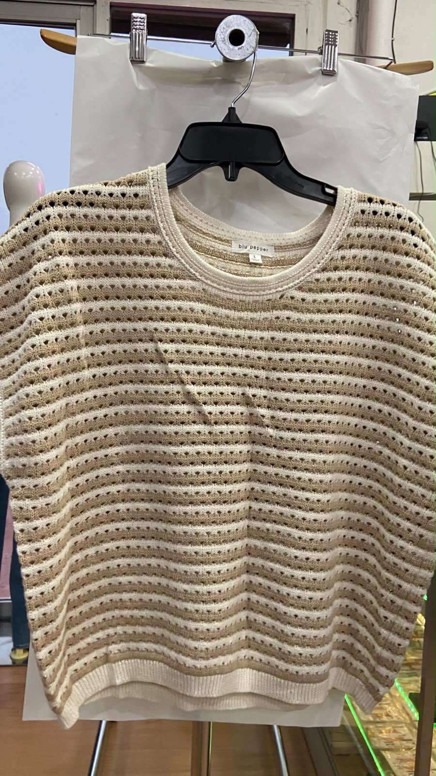 Cream Knit Short Sleeve Sweater with Open Weave