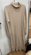 Beige Long Sleeve Mock Neck Dress with Side Slits