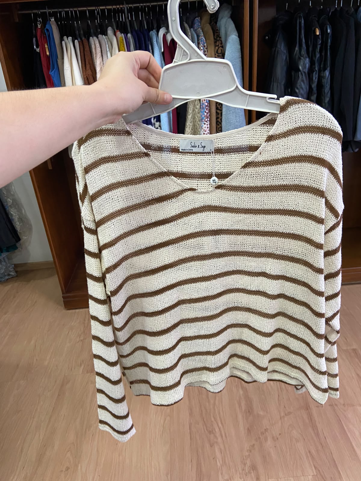 Cream Striped Long Sleeve Knit Top with V-Neck