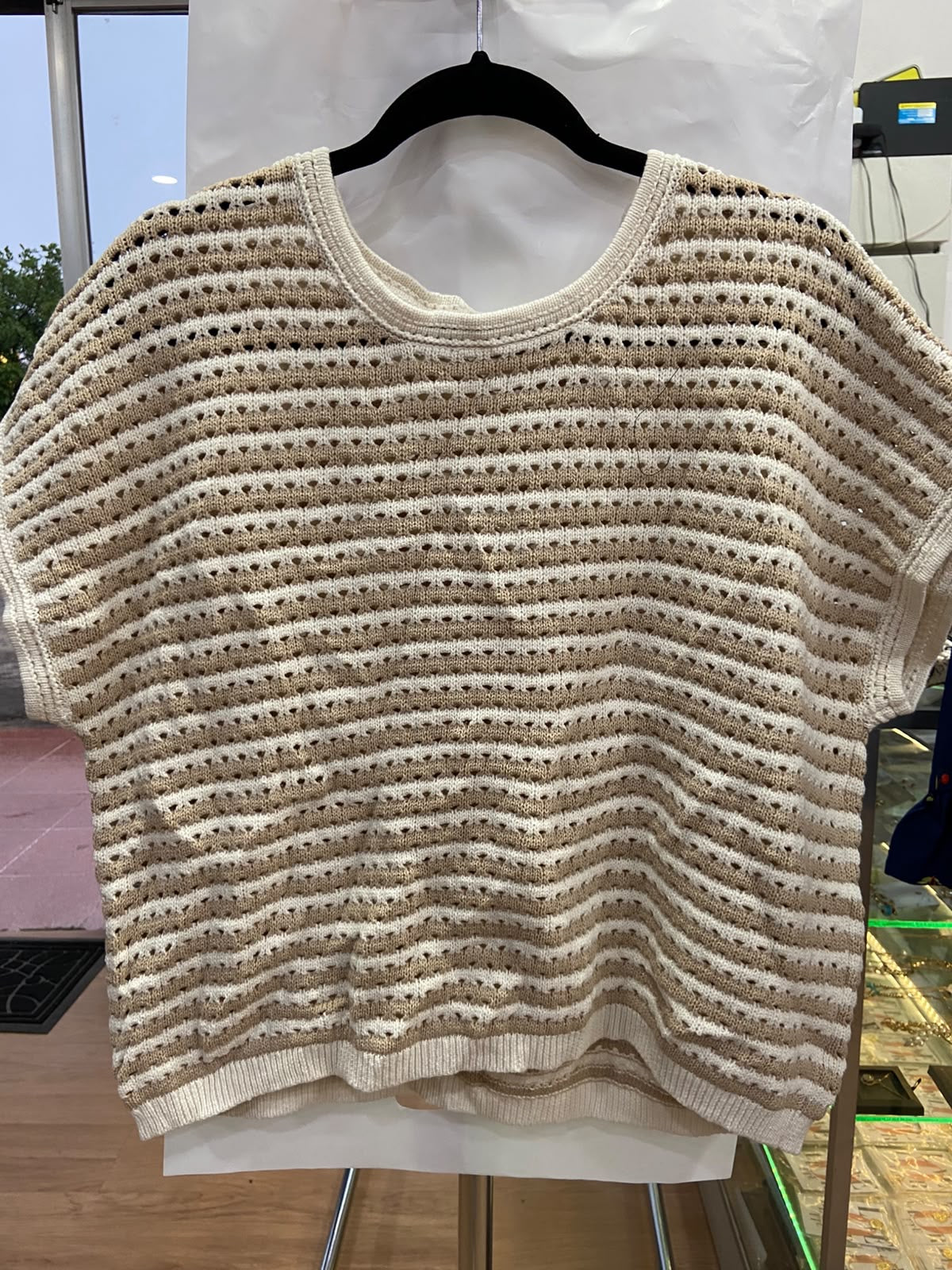 Cream Short Sleeve Knit Top with Striped Texture