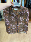 Brown Floral Short Sleeve Button-Up Blouse