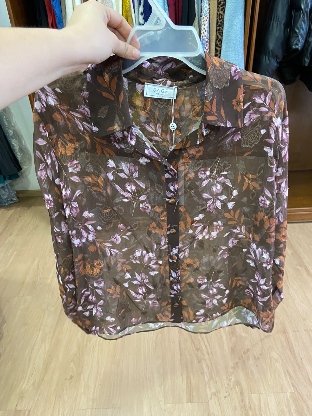 Brown Floral Short Sleeve Button-Up Blouse