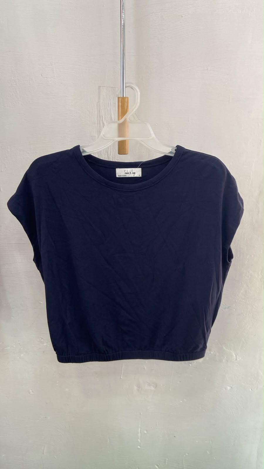 Navy Cropped Short Sleeve Top with Elastic Hem