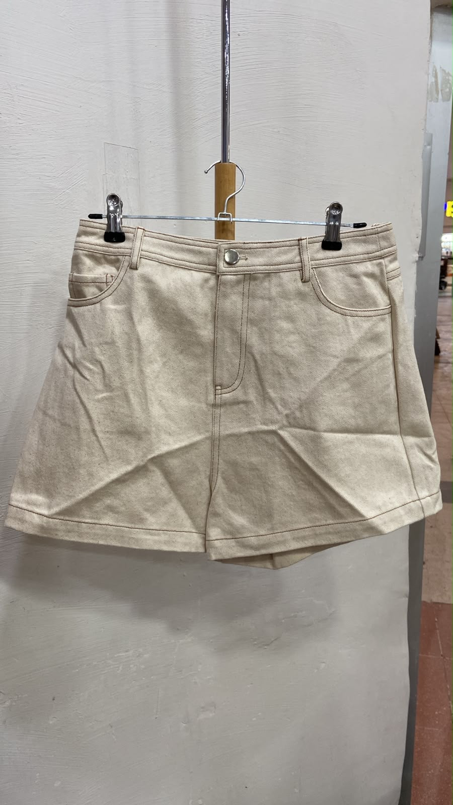 Beige Denim High-Waist Shorts with Pockets