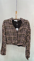 Black and Pink Cropped Button-Up Top with Checkered Pattern
