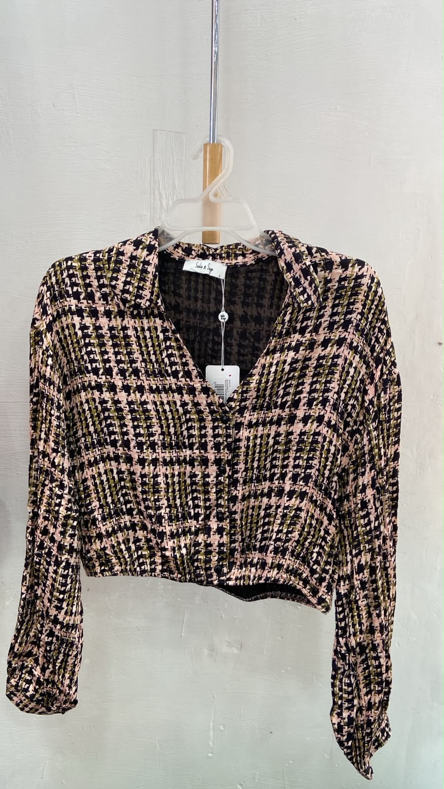 Black and Pink Cropped Button-Up Top with Checkered Pattern