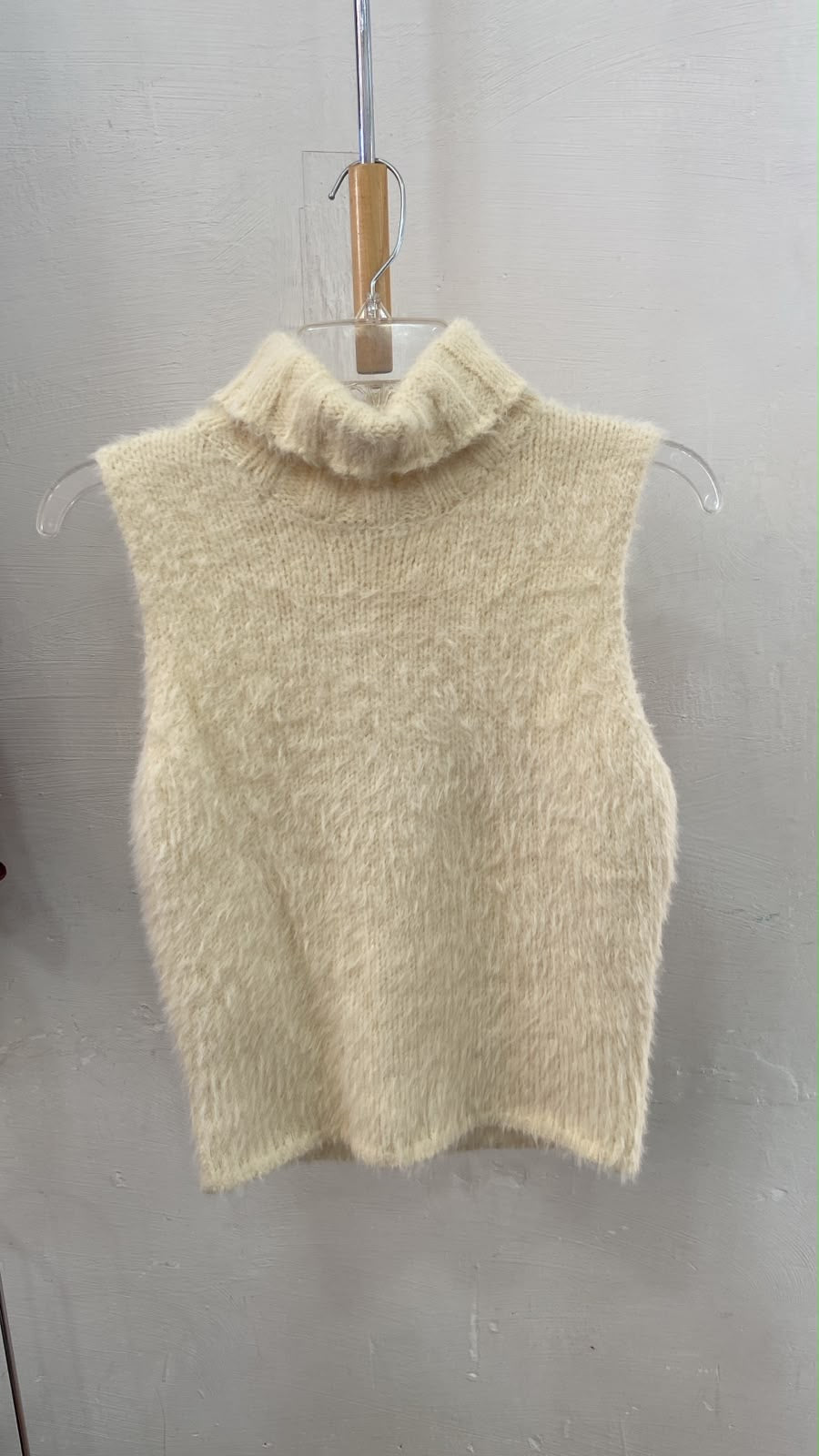 Cream Sleeveless Mock Neck Sweater with Fuzzy Texture