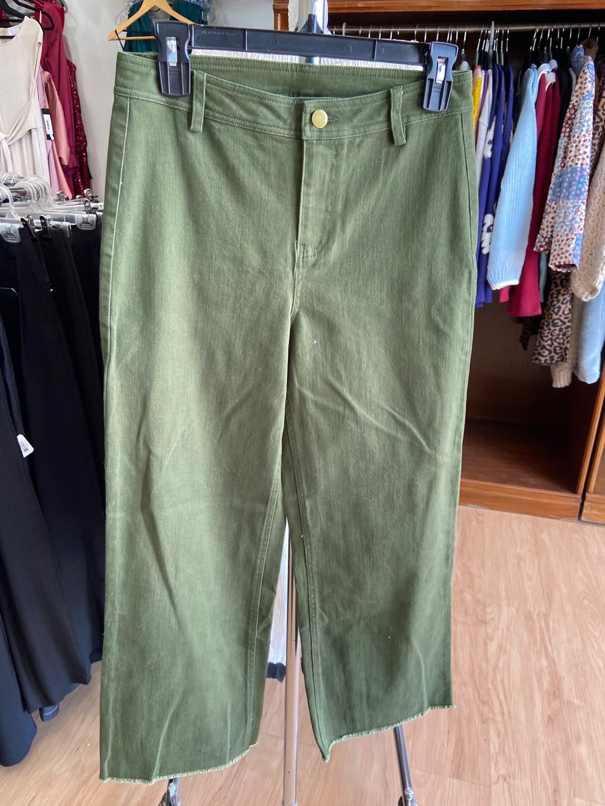 Olive Green Straight Leg Trousers with Raw Hem