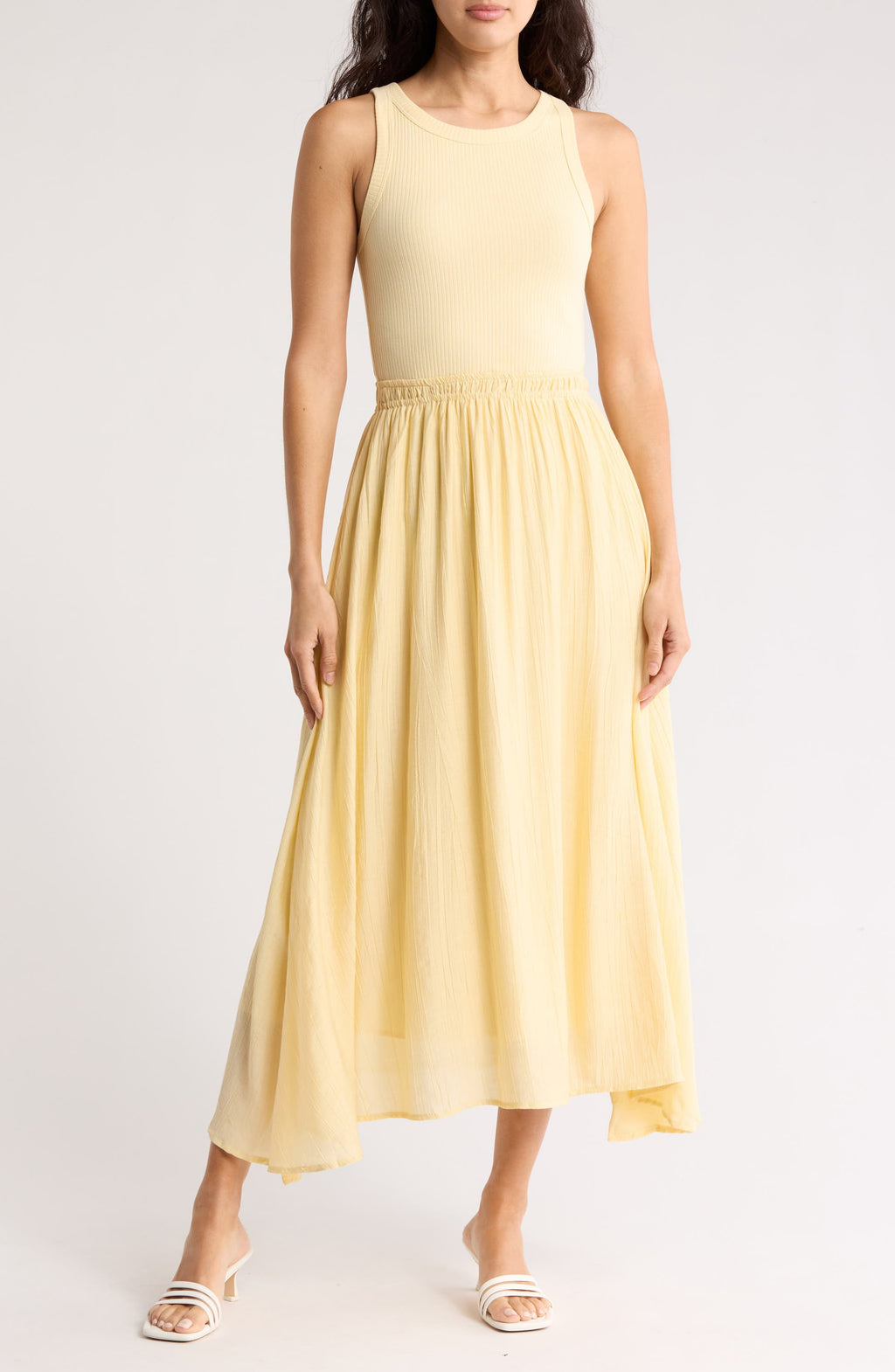 Light Yellow Ribbed Tank Dress with Flowy Skirt
