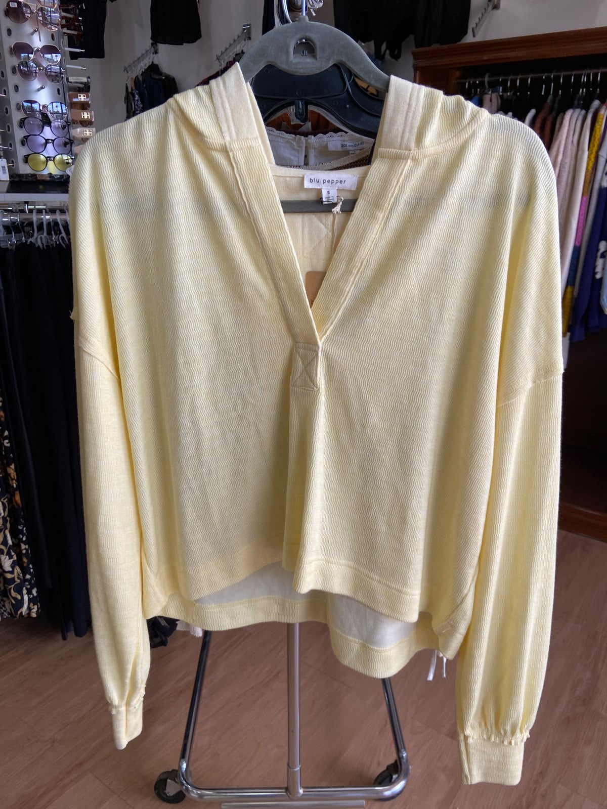 Yellow Long Sleeve Hooded Top with V-Neck