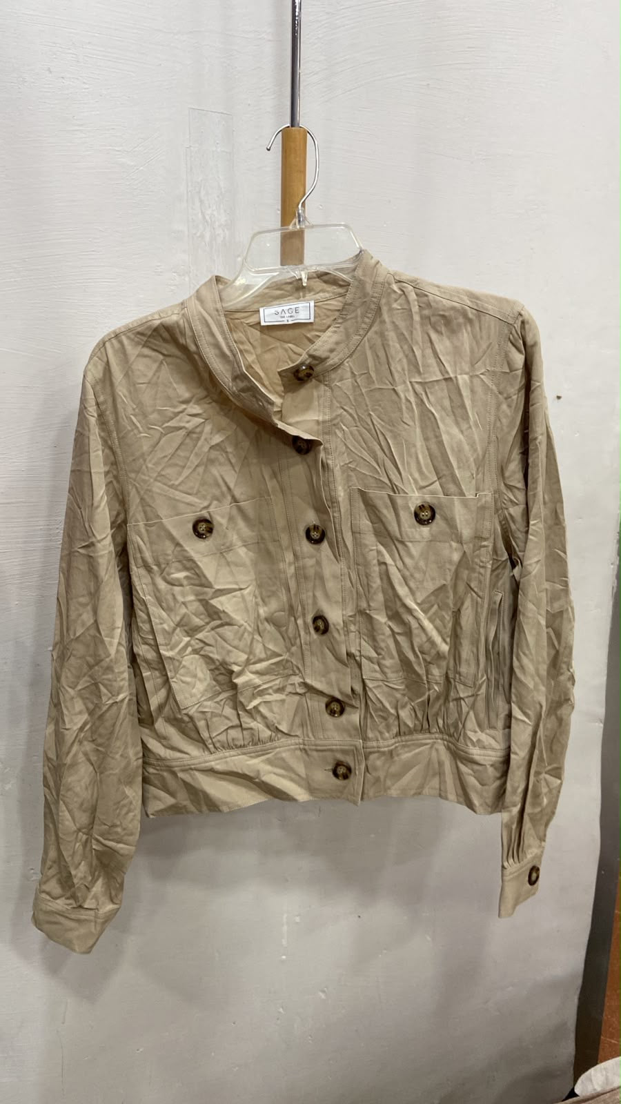 Beige Cropped Button-Up Jacket with Pockets