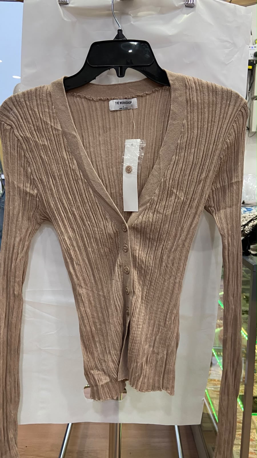 Beige Long Sleeve Ribbed Cardigan with Buttons