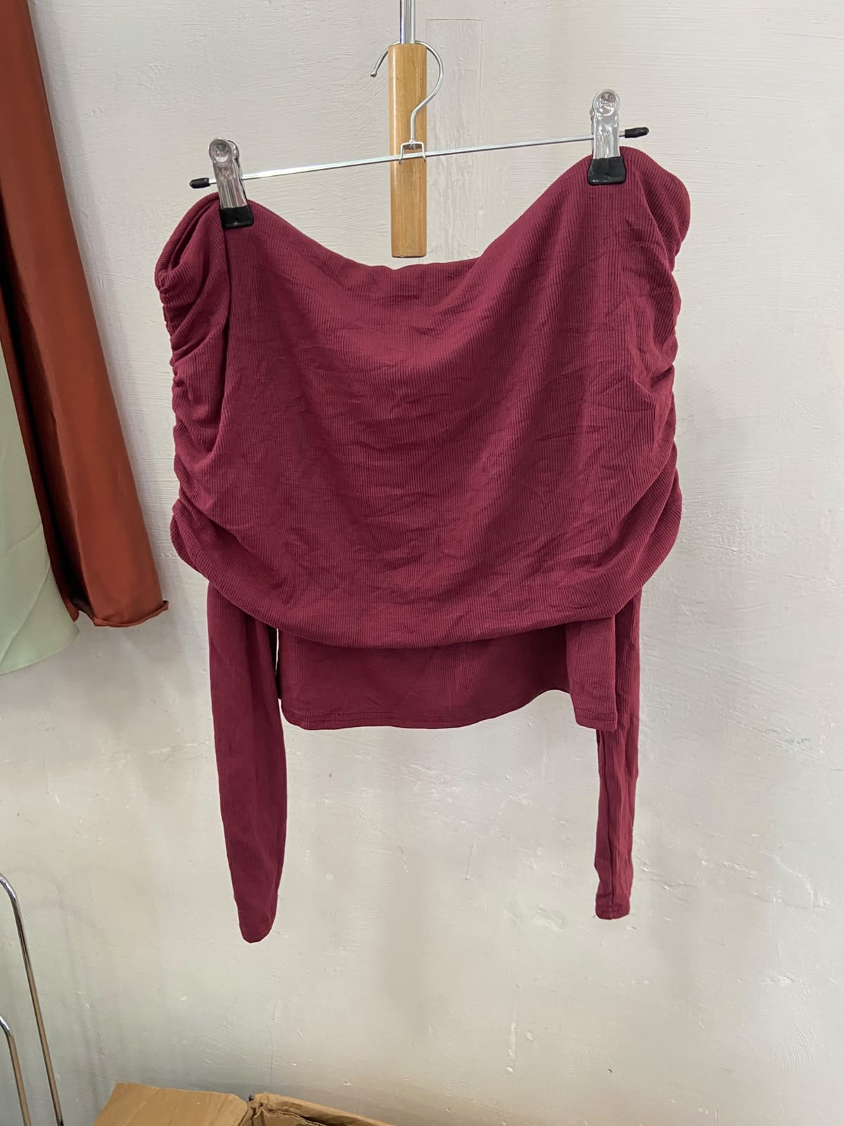 Burgundy Long Sleeve Ruched Top with Draped Detail