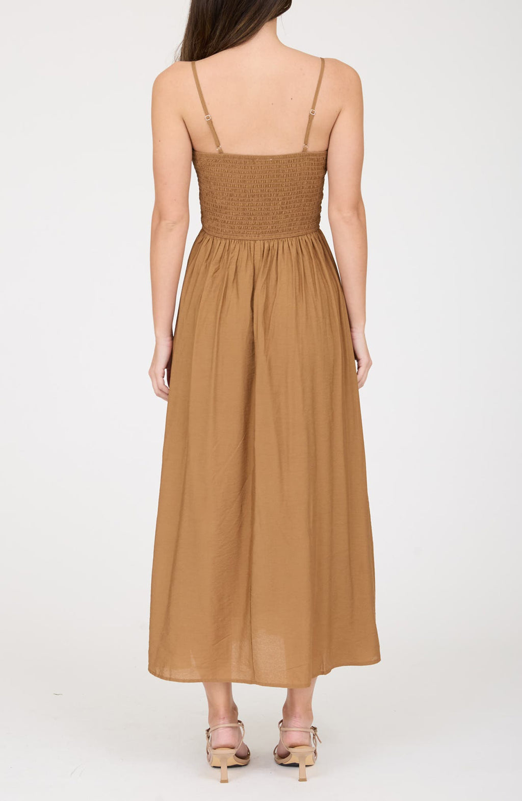 Smocked Basque Waist Spaghetti Strap Midi Dress Brown- Summer Boho Floral Beach Sundress