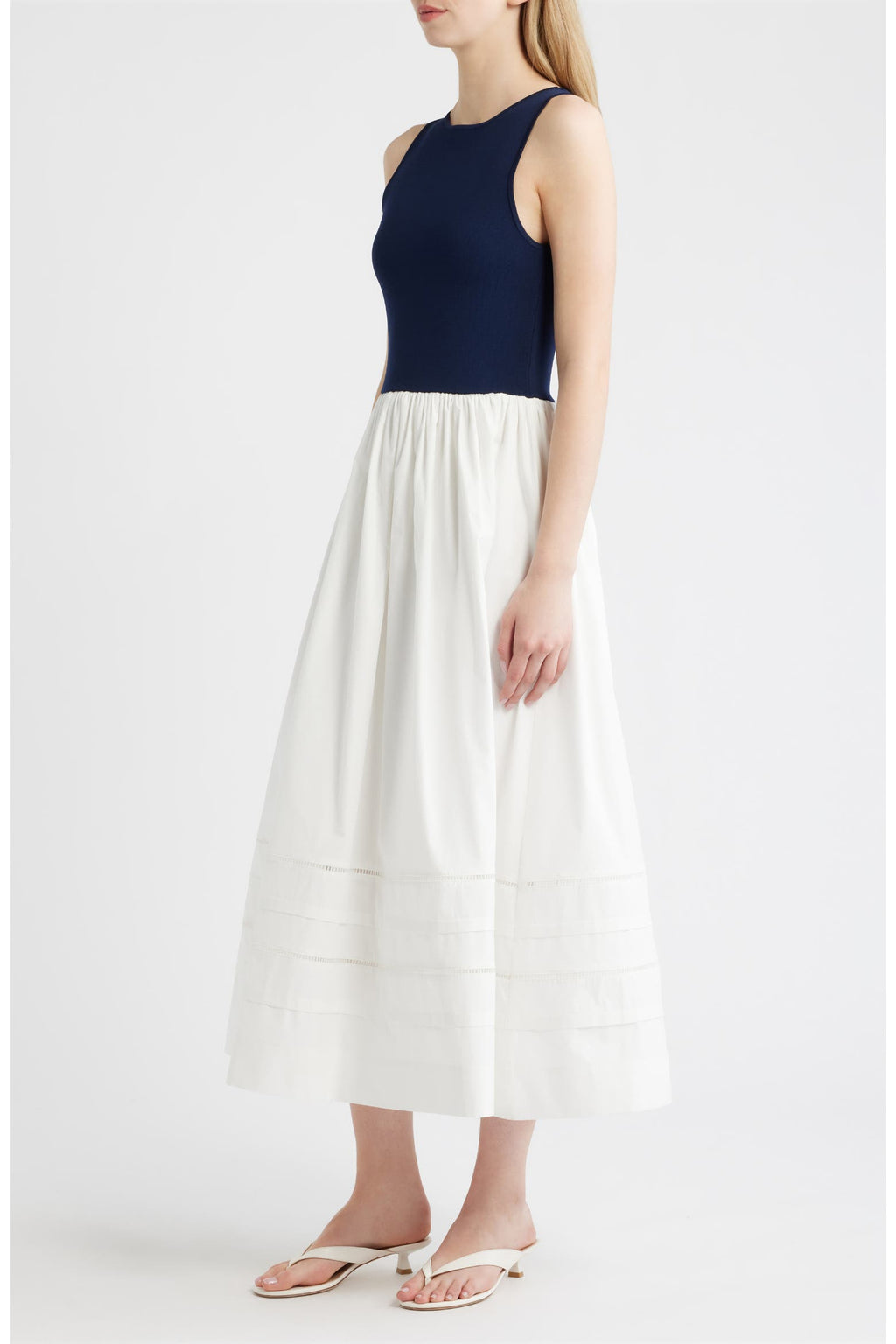 Navy Sleeveless A-Line Midi Dress with Pleated Skirt