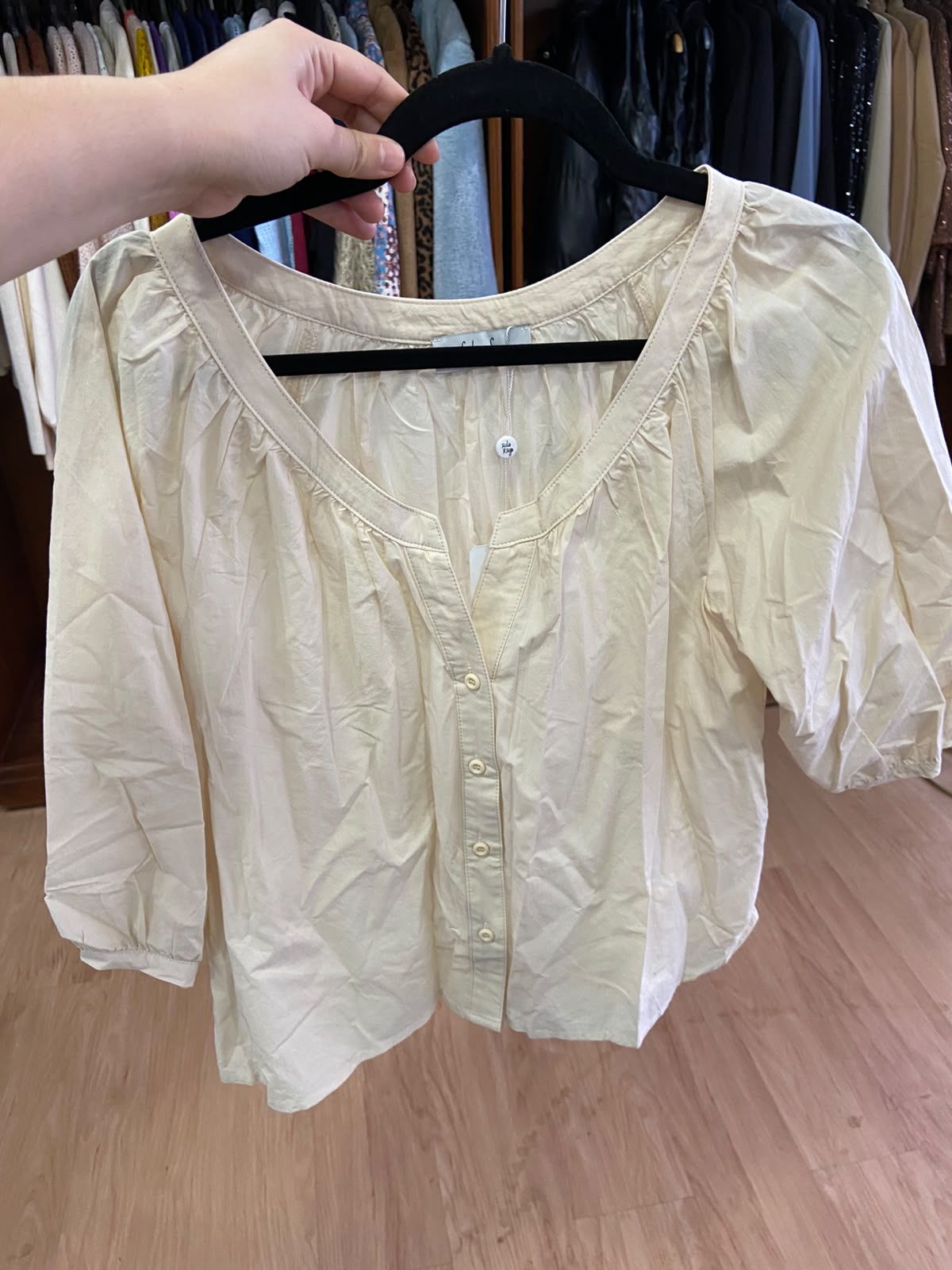 Cream Button-Up Short Sleeve Blouse with Pleats