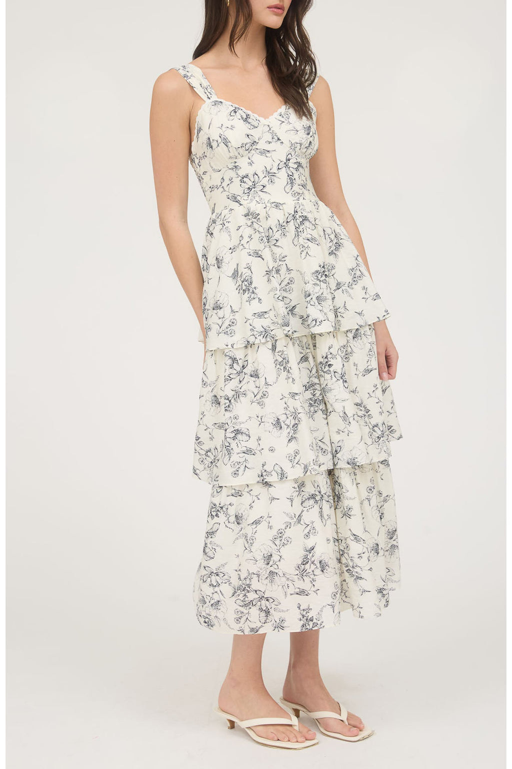 Cream Floral Maxi Dress with Tiered Ruffles