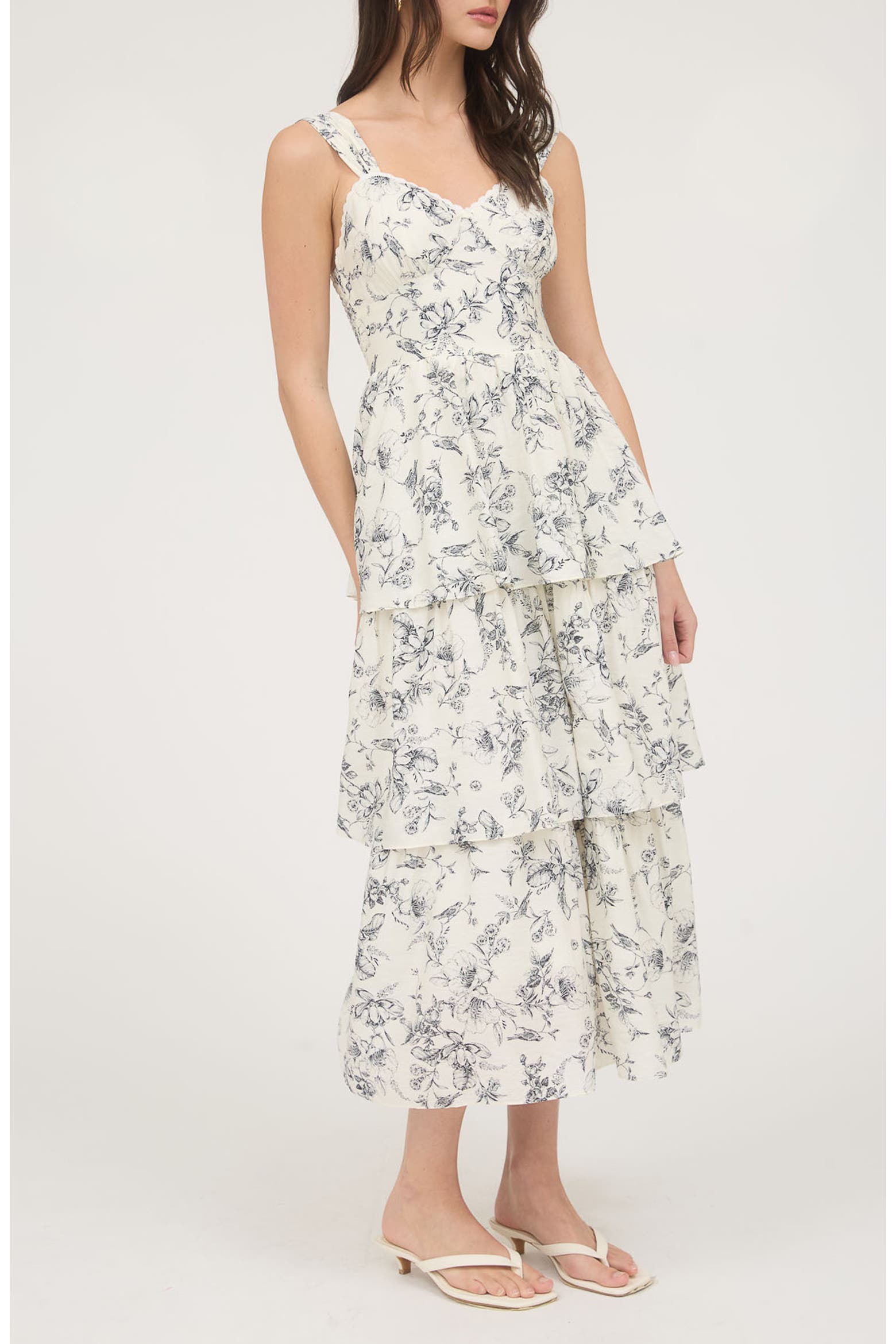Cream Floral Maxi Dress with Tiered Ruffles