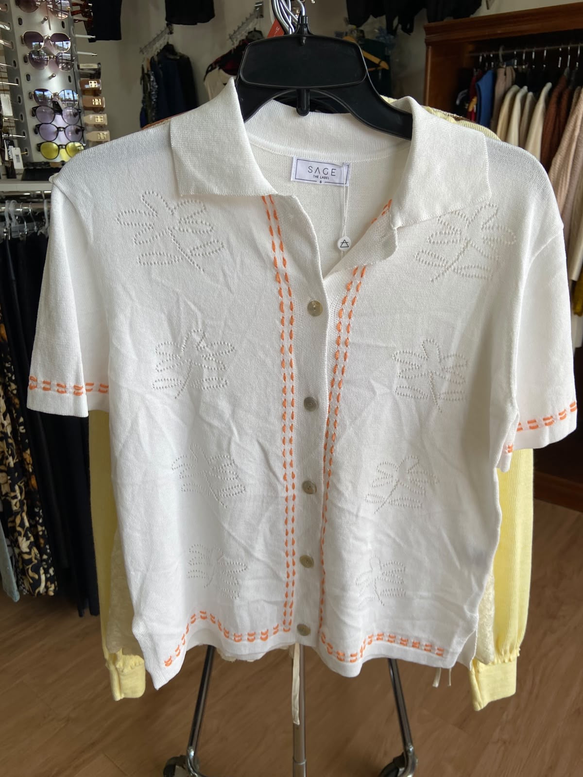 White Short Sleeve Button-Up Top with Embroidery Detail