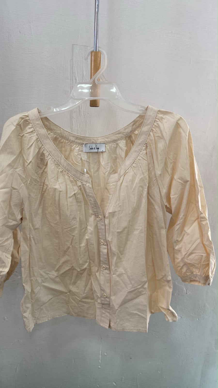 Cream Button-Up Puff Sleeve Top with Gathered Detail