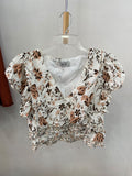 Floral Short Sleeve Ruffled Blouse with Smocked Hem