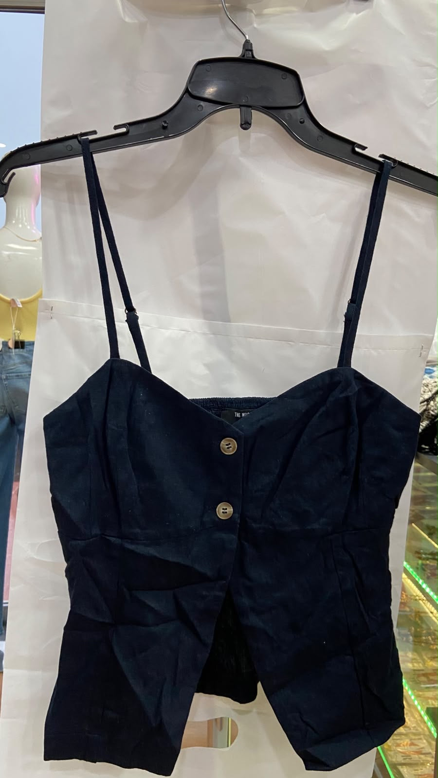 Navy Spaghetti Strap Cropped Top with Button Detail