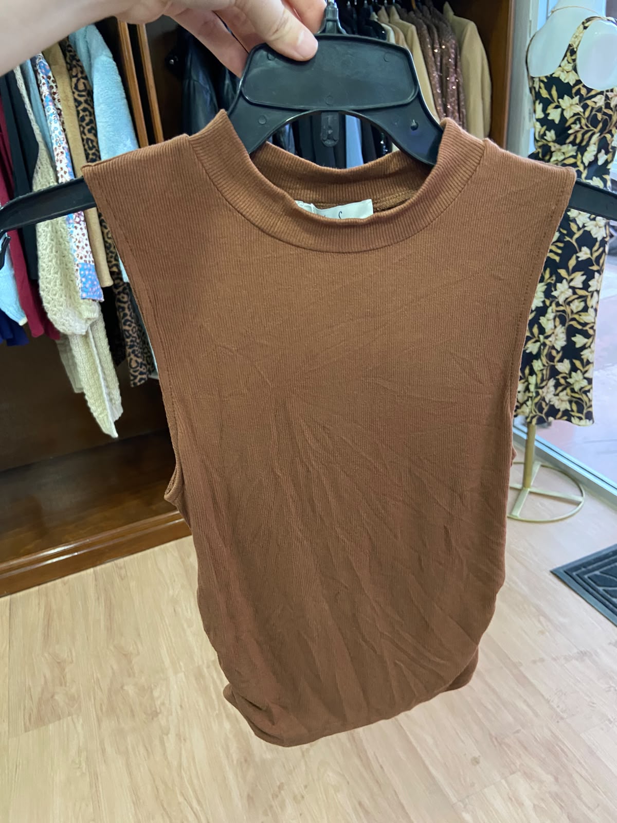 Brown Sleeveless Mock Neck Top with Textured Fabric
