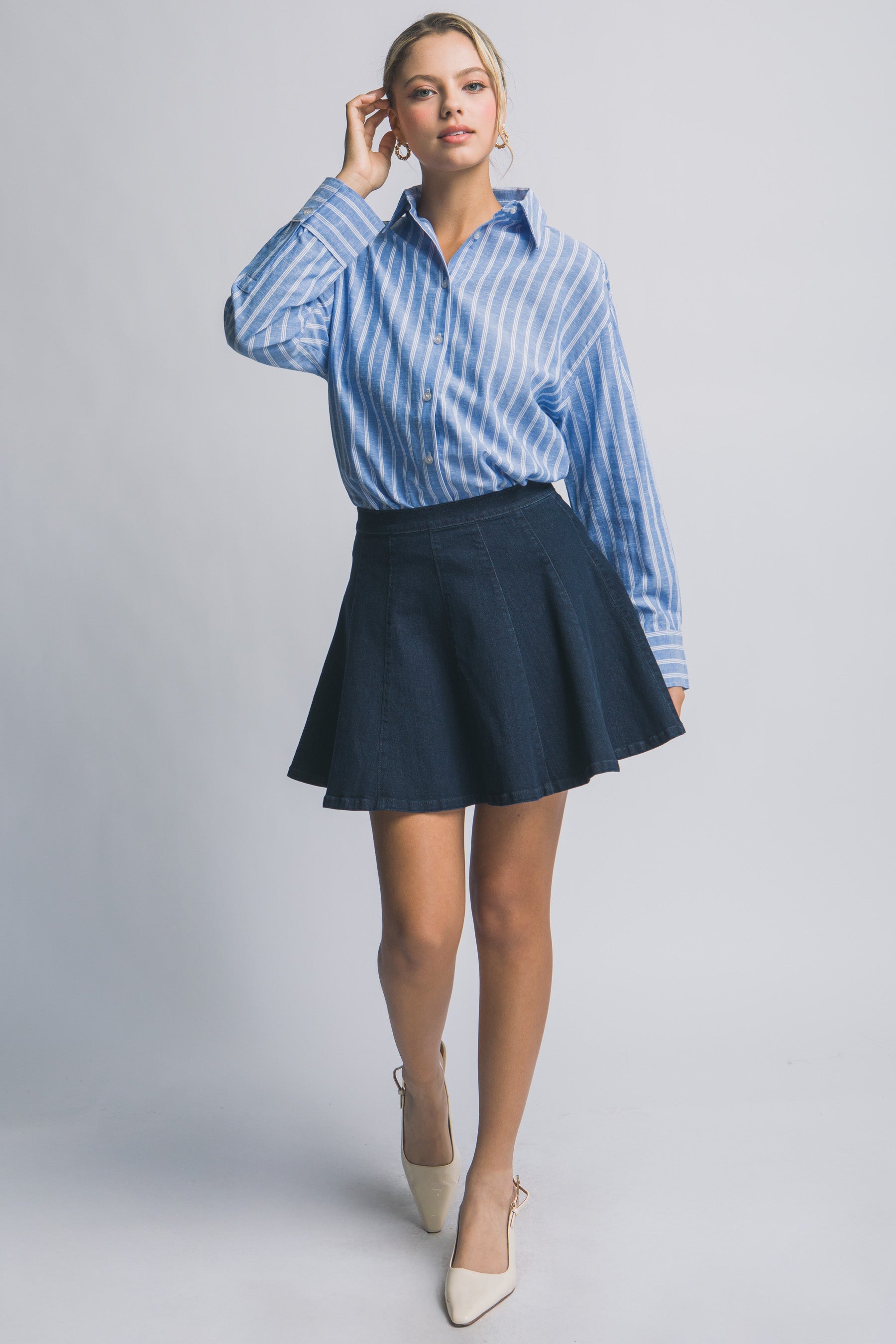 Camisa Oversized de Rayas Azules con Botones y Manga Larga para Mujer