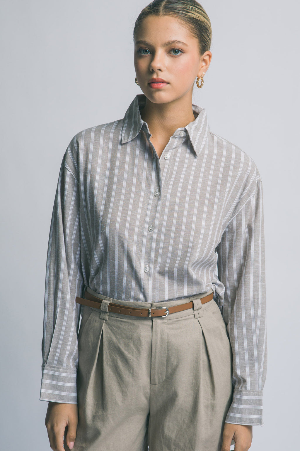 Camisa Oversized de Rayas Azules con Botones y Manga Larga para Mujer