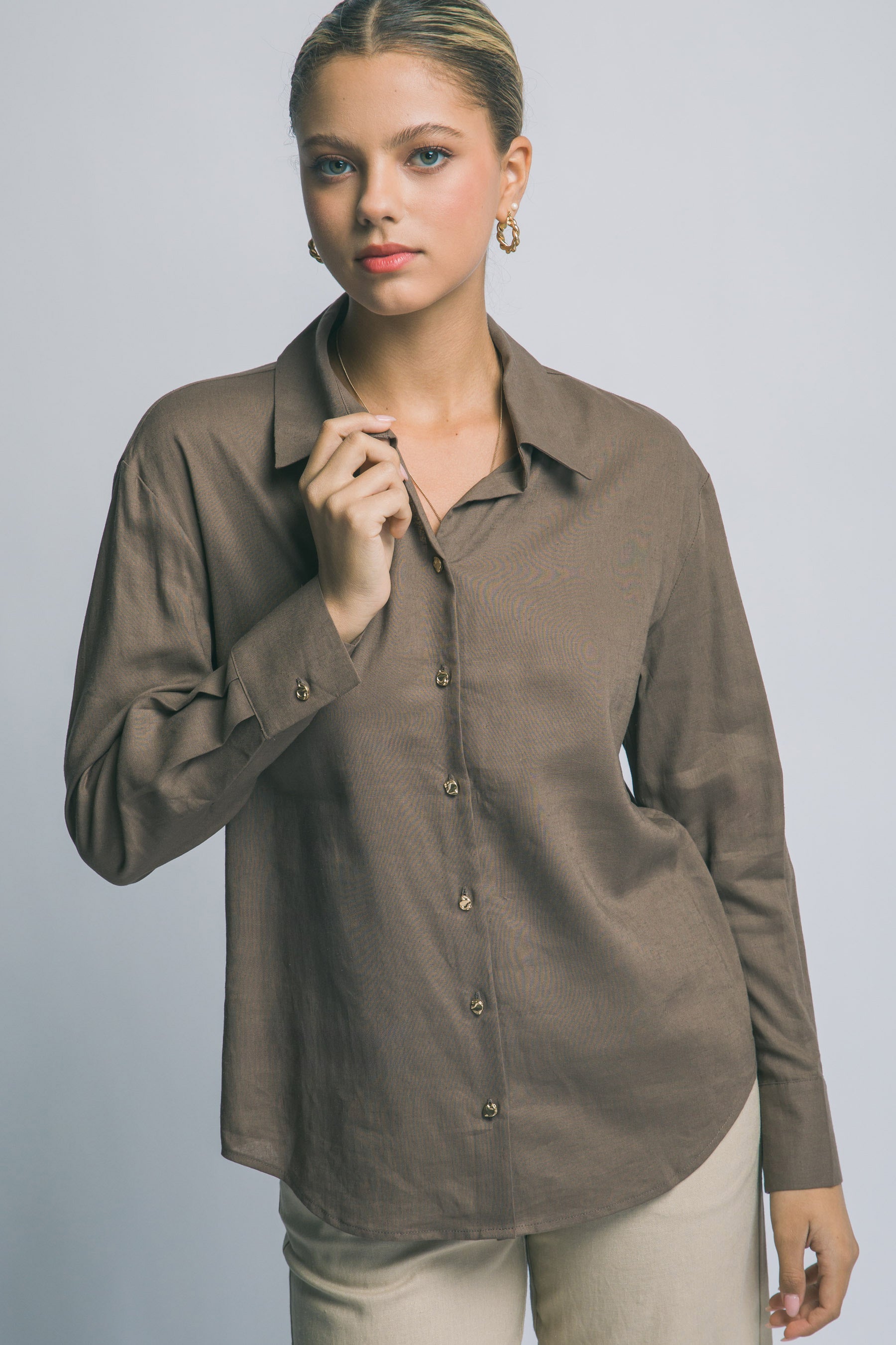 Camisa de Lino para Mujer, Manga Larga con Cuello y Botones