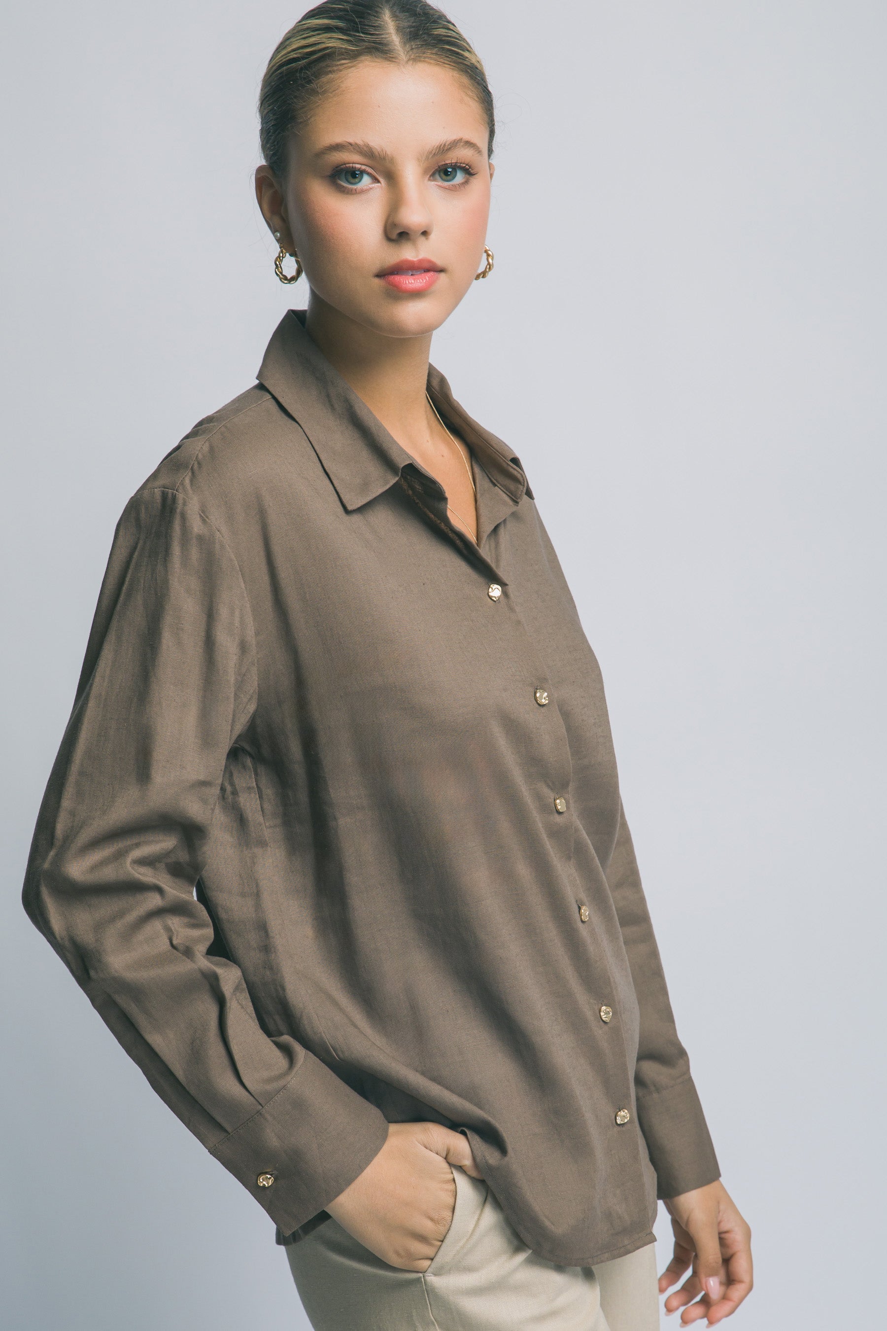 Camisa de Lino para Mujer, Manga Larga con Cuello y Botones
