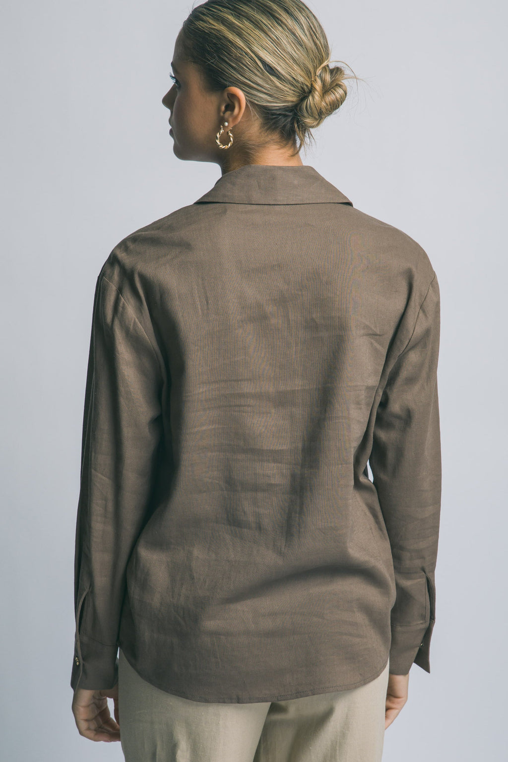 Camisa de Lino para Mujer, Manga Larga con Cuello y Botones