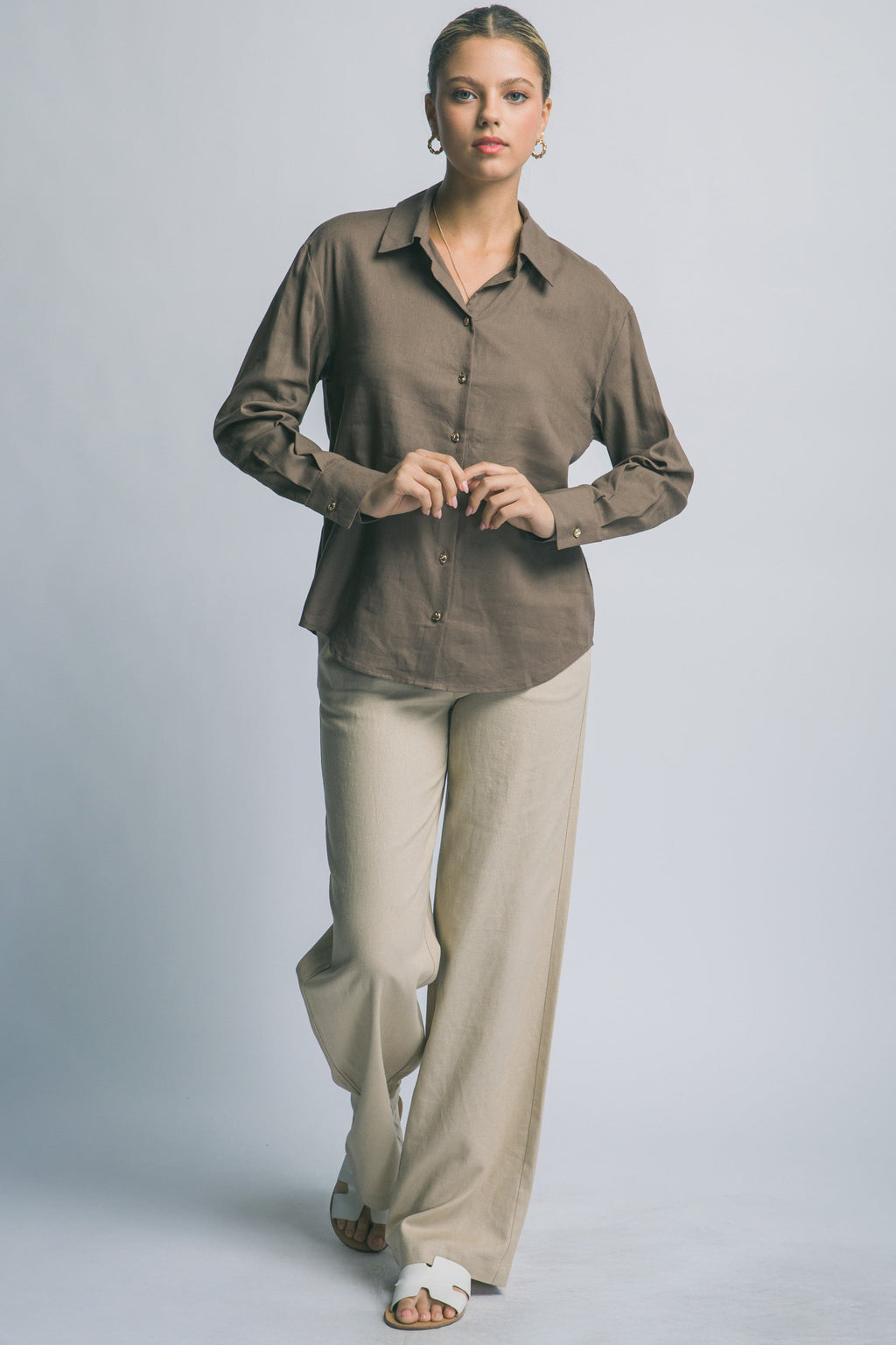 Camisa de Lino para Mujer, Manga Larga con Cuello y Botones