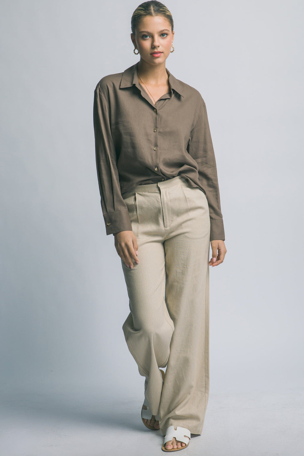 Camisa de Lino para Mujer, Manga Larga con Cuello y Botones