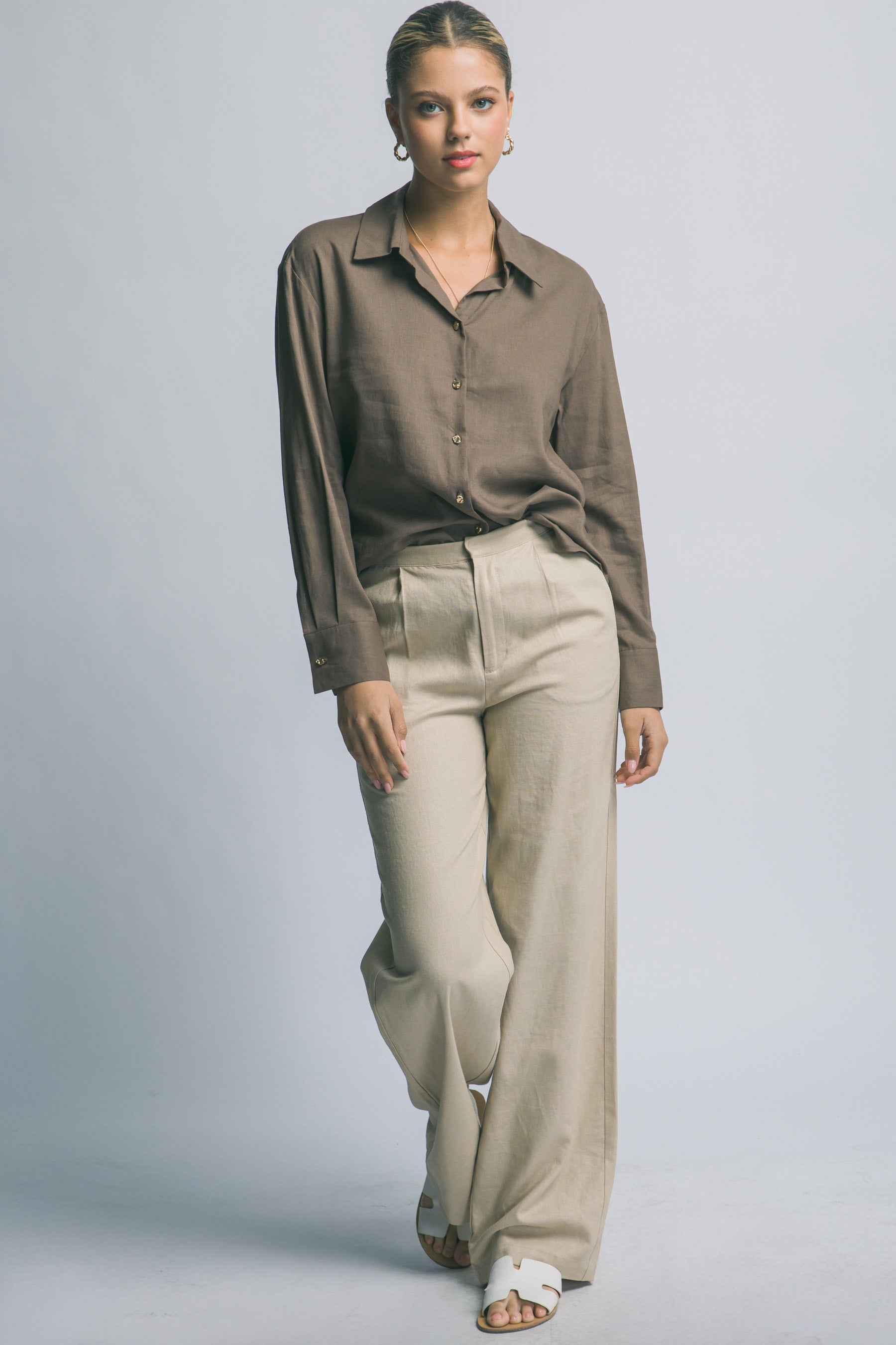 Camisa de Lino para Mujer, Manga Larga con Cuello y Botones