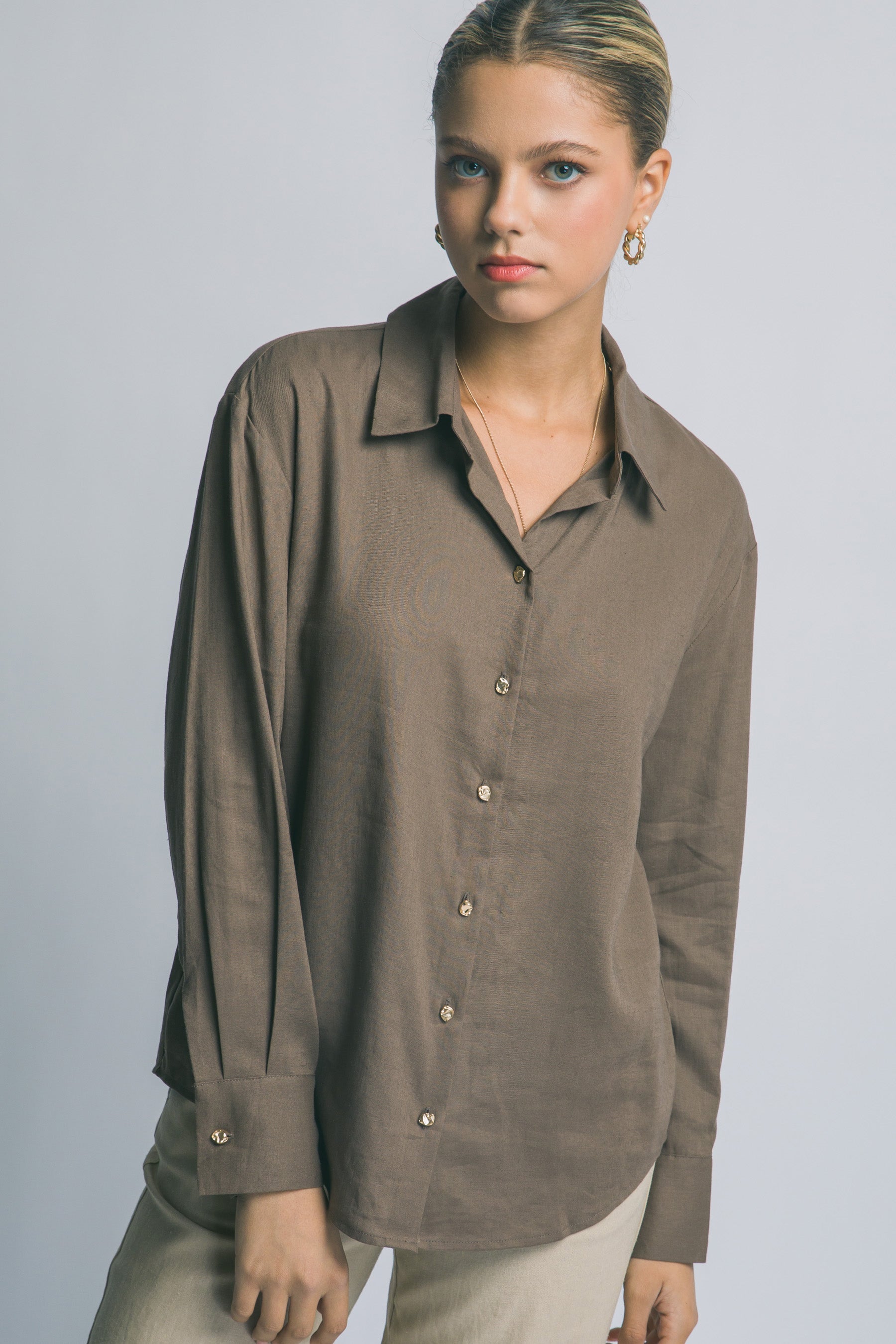 Camisa de Lino para Mujer, Manga Larga con Cuello y Botones