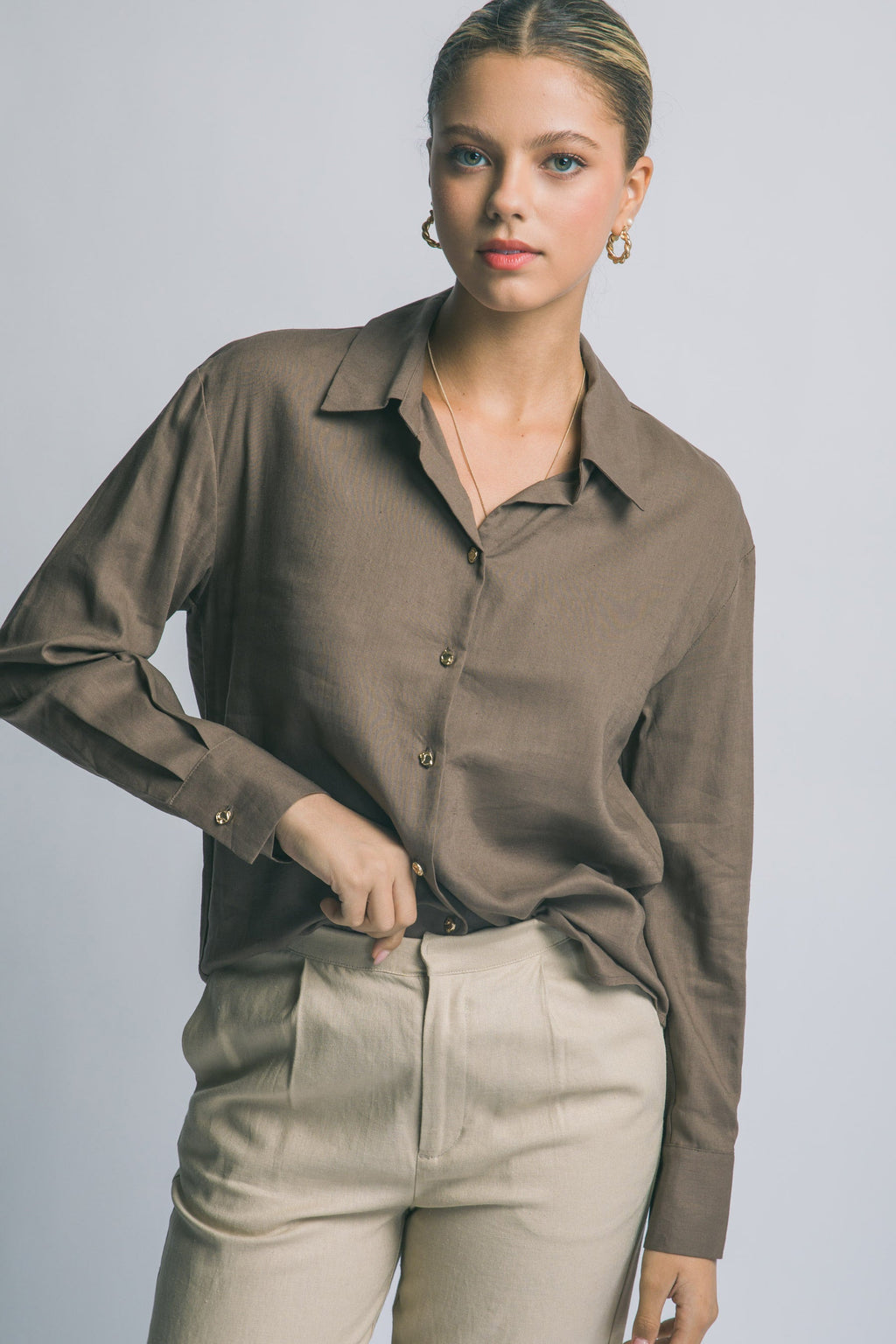 Camisa de Lino para Mujer, Manga Larga con Cuello y Botones