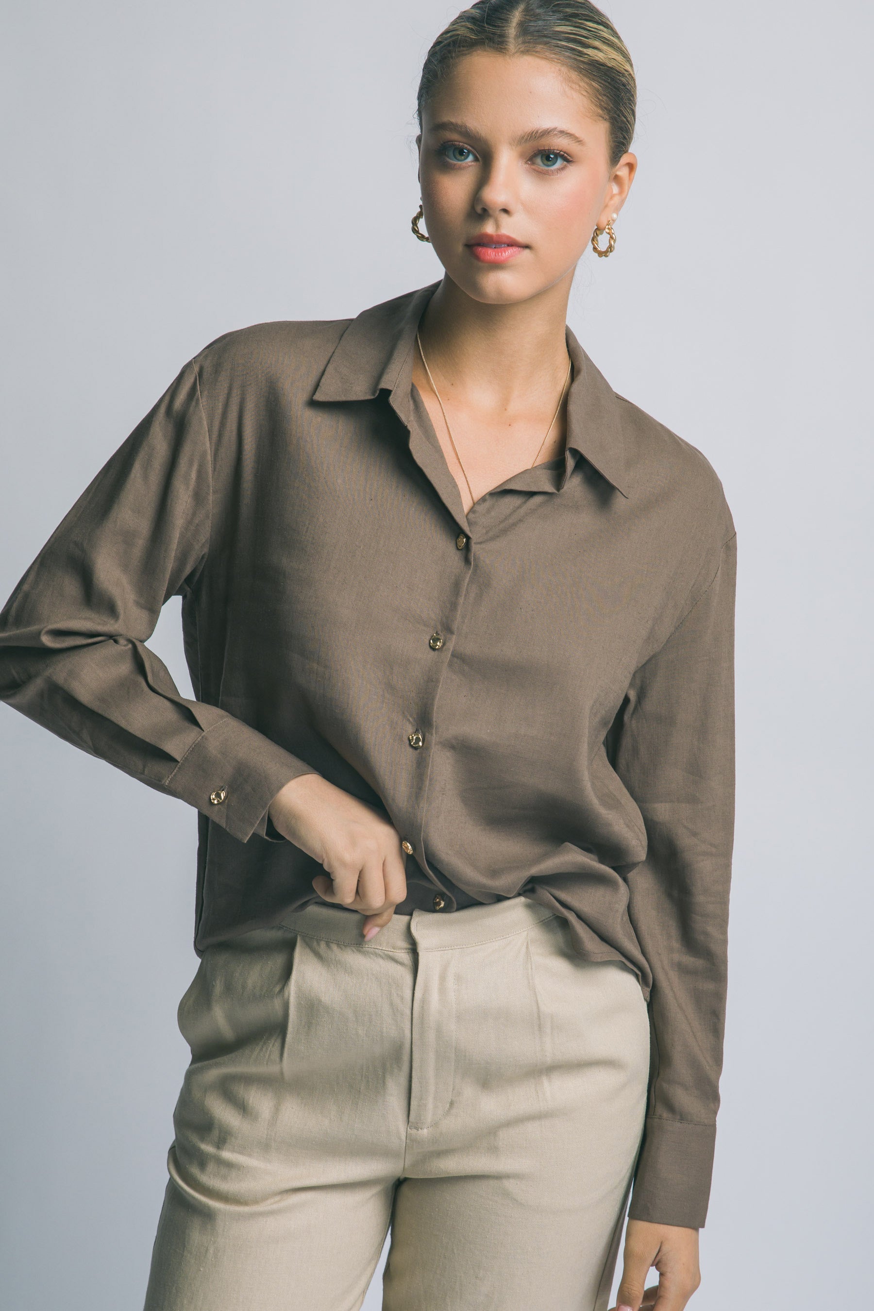 Camisa de Lino para Mujer, Manga Larga con Cuello y Botones