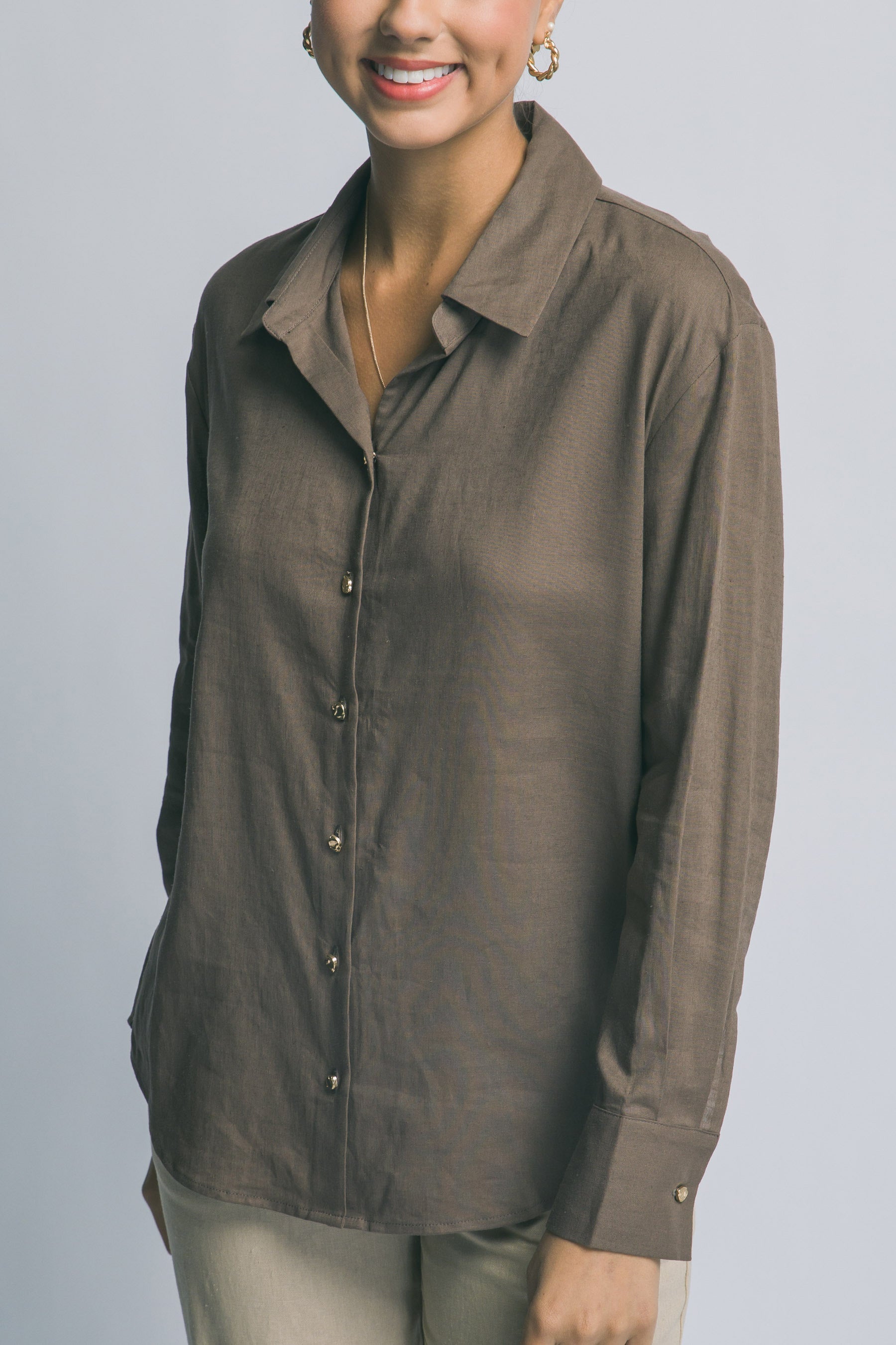 Camisa de Lino para Mujer, Manga Larga con Cuello y Botones