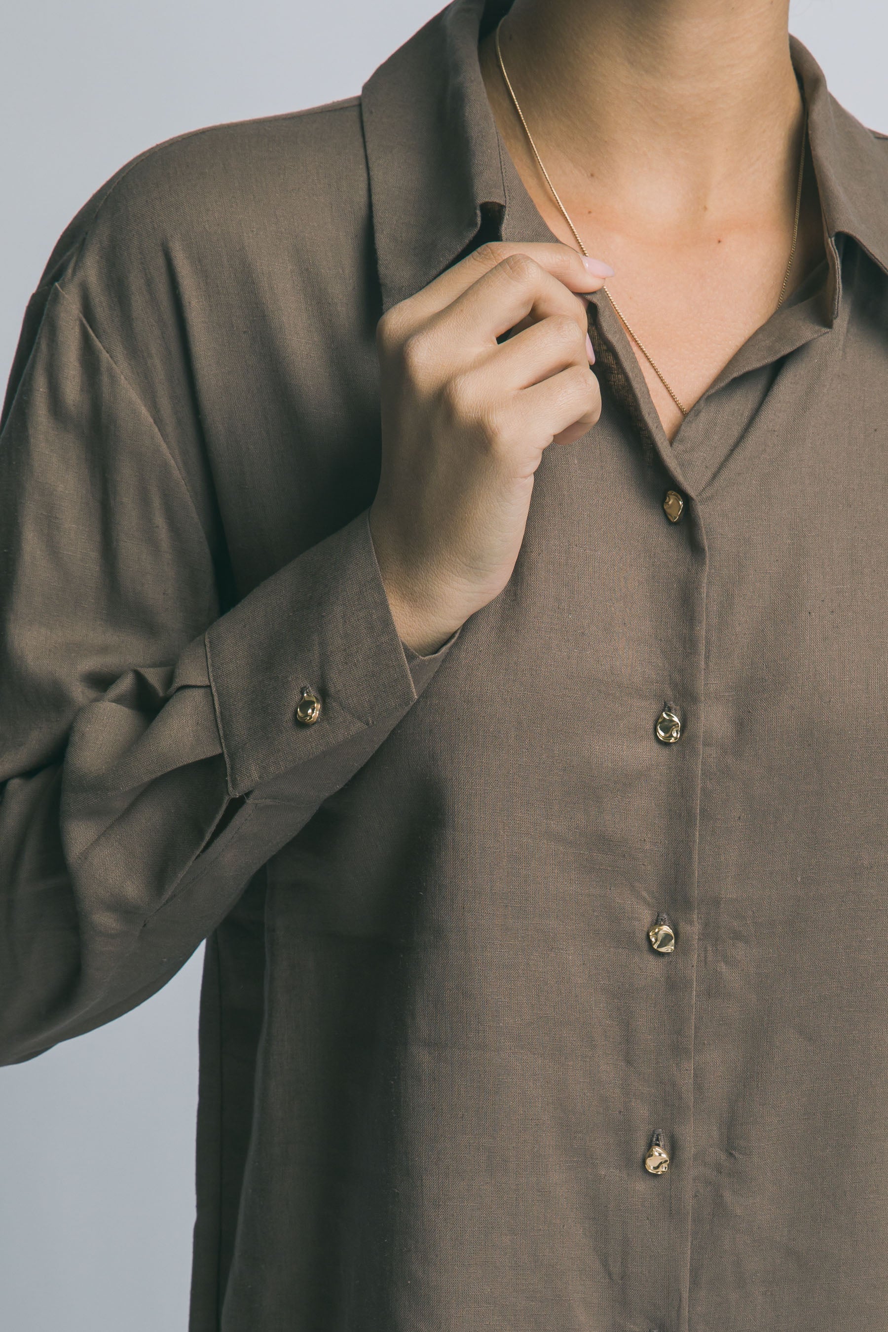 Camisa de Lino para Mujer, Manga Larga con Cuello y Botones