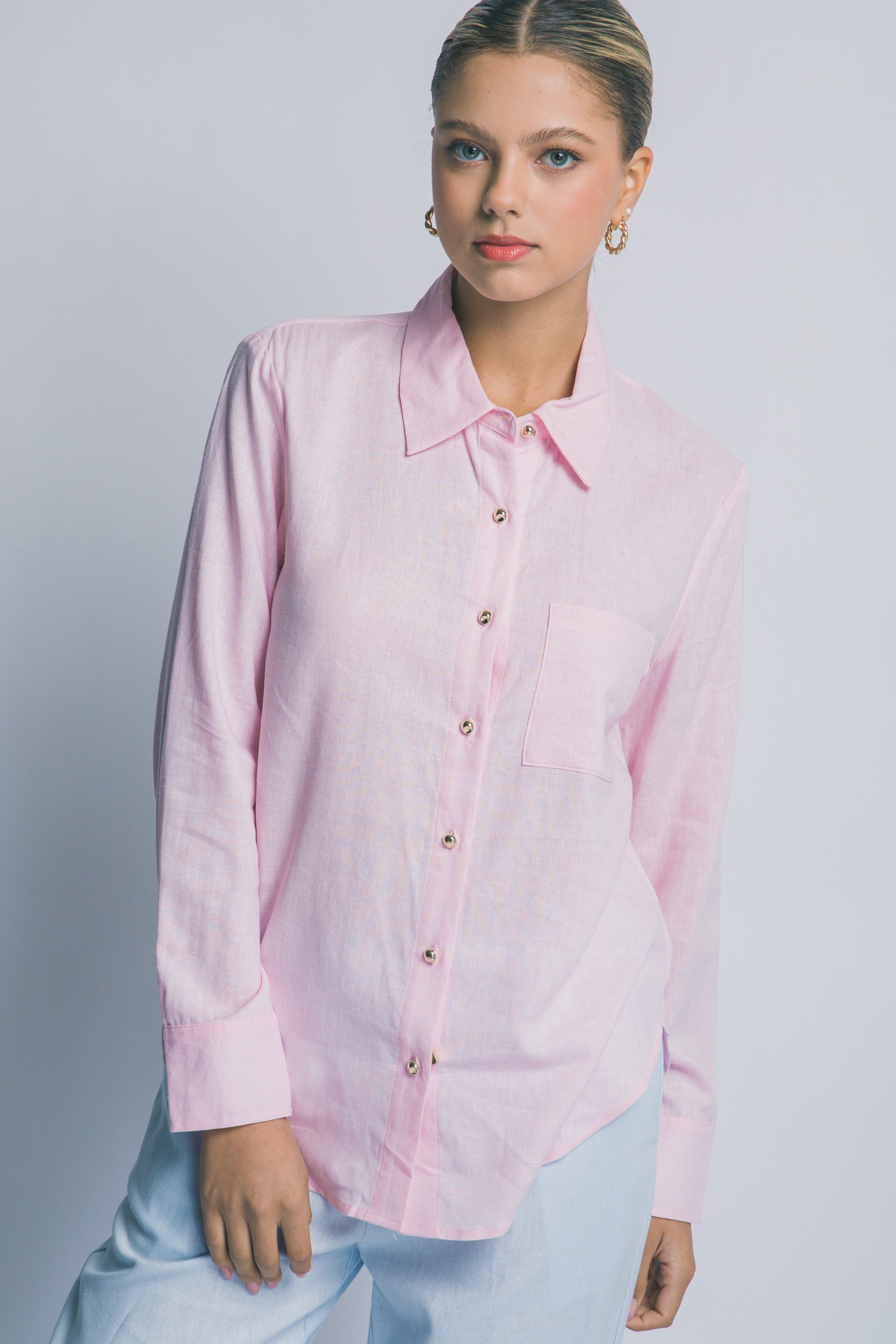 Blusa Camisa de Mujer con Manga Larga en Color Rosa