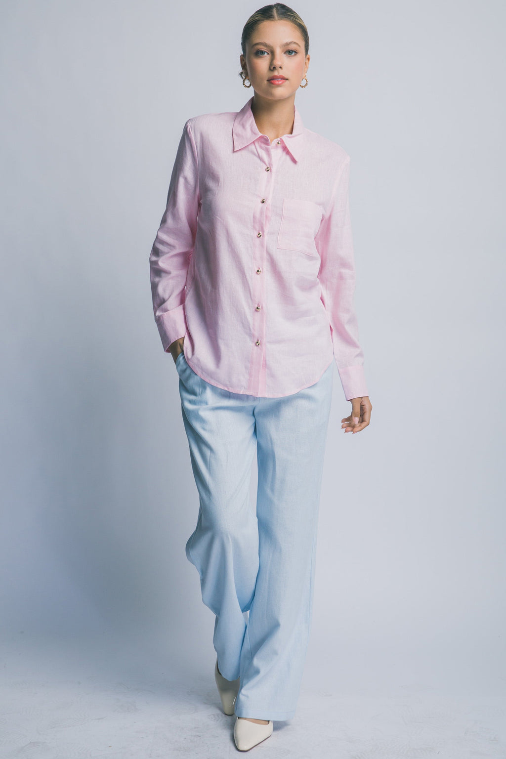 Blusa Camisa de Mujer con Manga Larga en Color Rosa