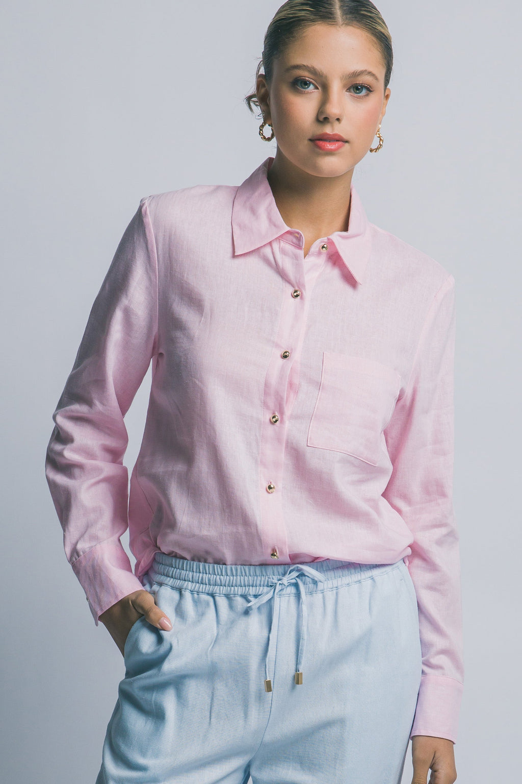 Blusa Camisa de Mujer con Manga Larga en Color Rosa