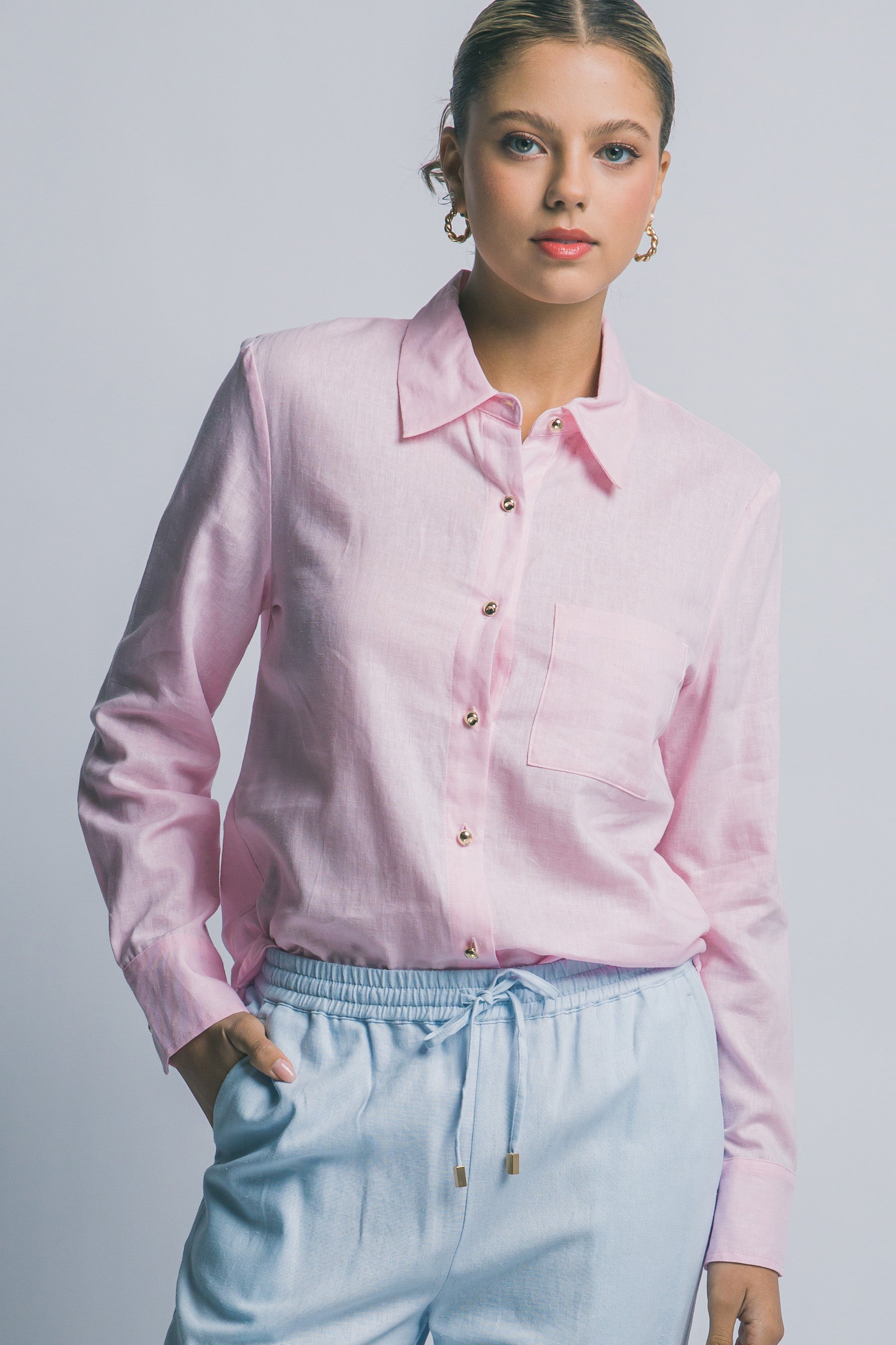 Blusa Camisa de Mujer con Manga Larga en Color Rosa