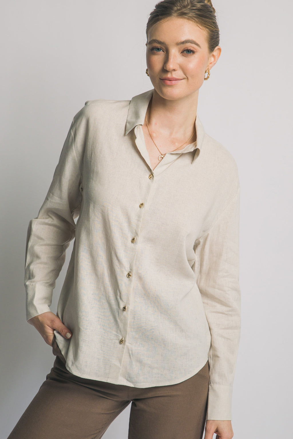 Camisa de Lino para Mujer, Manga Larga con Cuello y Botones