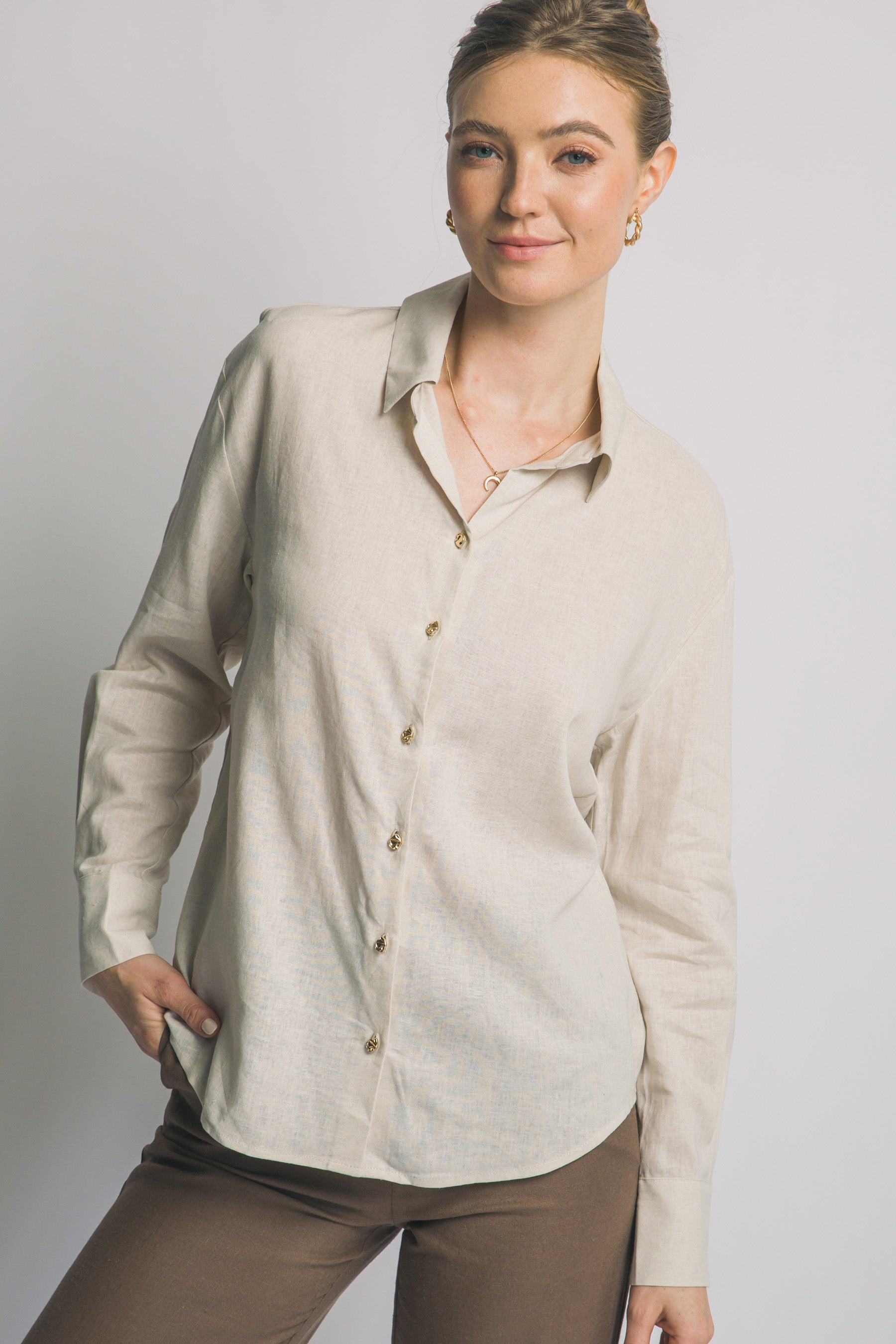 Camisa de Lino para Mujer, Manga Larga con Cuello y Botones