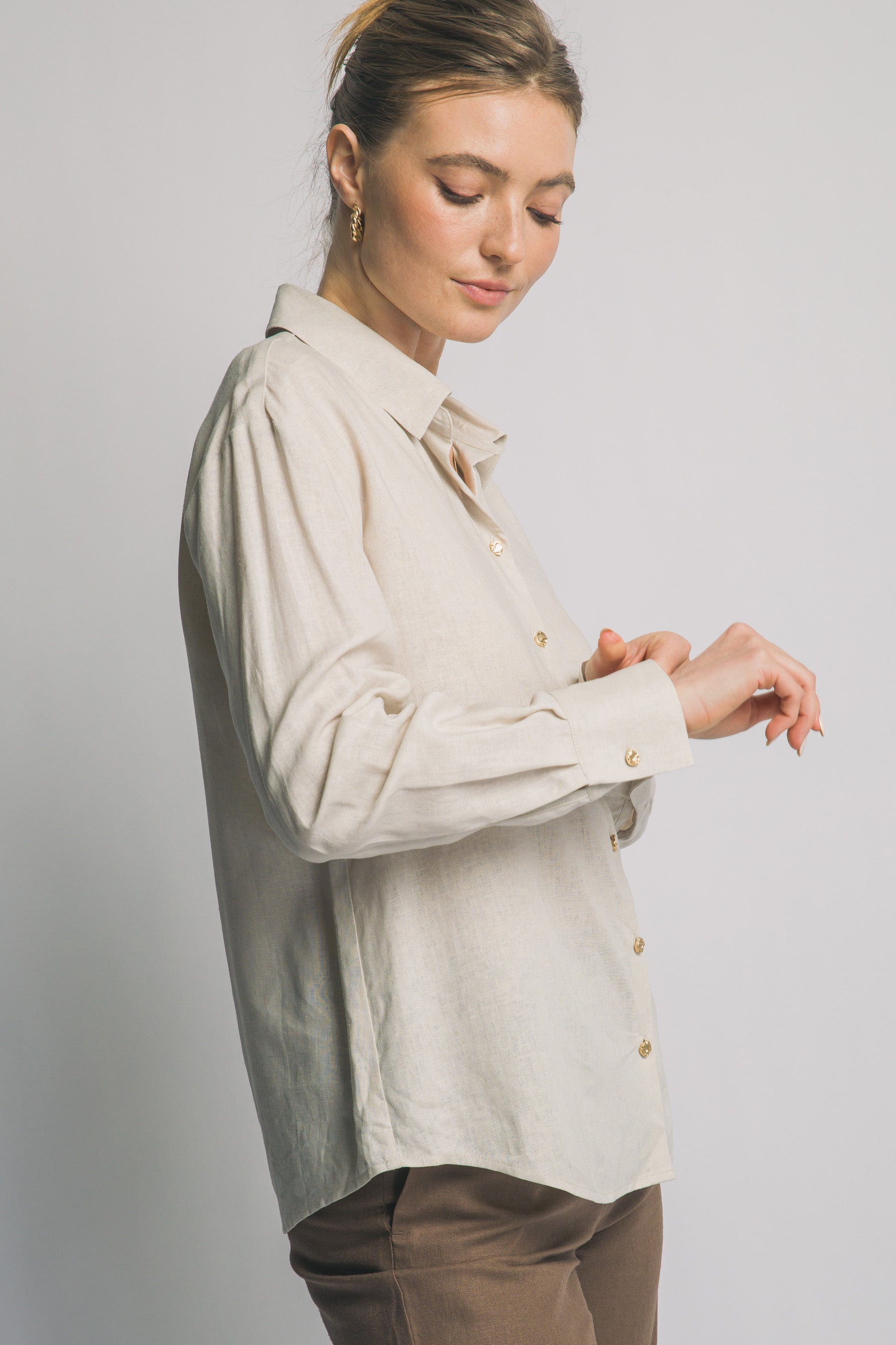 Camisa de Lino para Mujer, Manga Larga con Cuello y Botones