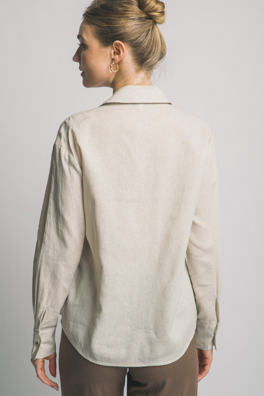 Camisa de Lino para Mujer, Manga Larga con Cuello y Botones