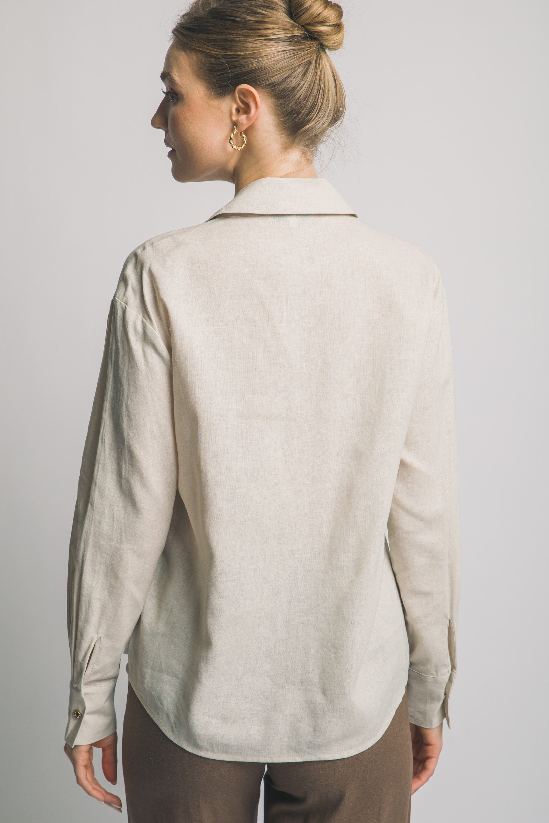 Camisa de Lino para Mujer, Manga Larga con Cuello y Botones